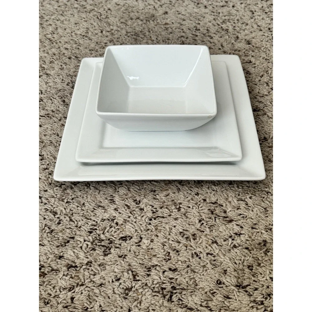 Canopy‎ Square White Dinner Salad Plate Cereal Soup Bowl HEAVY 3 Piece Set